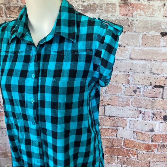 Millennium Plaid Tunic Button Down Short Sleeve Blue & Black Sz Large - Picture 3 of 9
